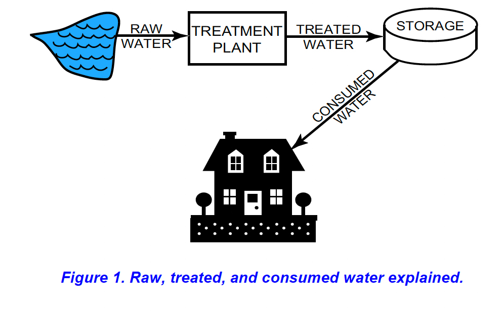 Infographic explaining raw, treated, and consumed water